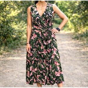 Lands' End Floral Faux Wrap Dress Green Stretch Knit Plus Sx M Athleisure